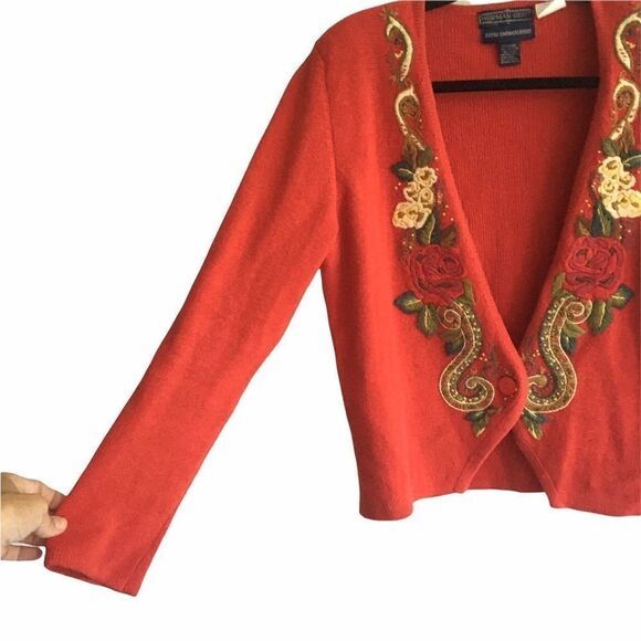 HERMAN GEIST Hand Floral Embroidered Embellished Cardigan Sweater Red S - Picture 4 of 8